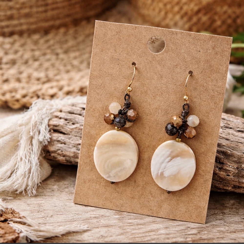 Vintage Artisan Shell Stone Drop Earrings Boho Coastal Neutral